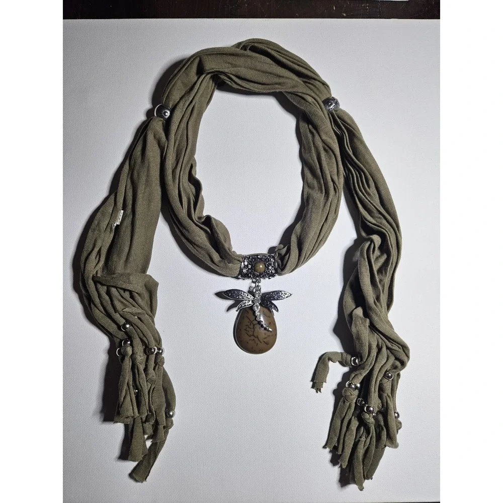 Vintage Boho Olive Green Scarf Necklace Rhinestone Dragonfly Stone Pendant Y2K
